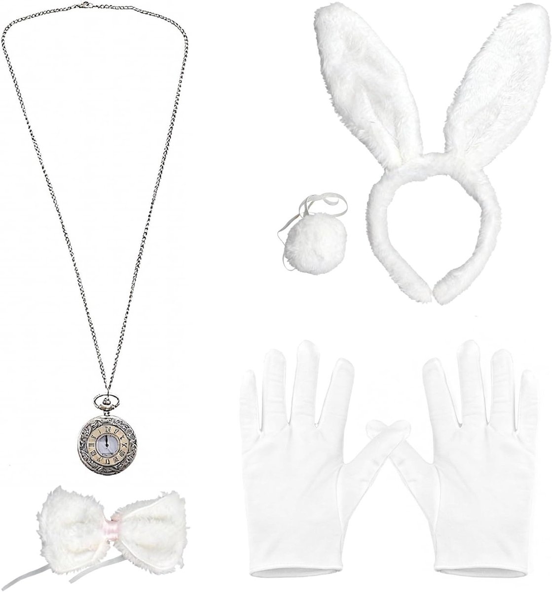 Set van 5 Witte Konijn Kostuum Accessoires voor Volwassenen met Oren, Strik, Fluffy Staart en Handschoenen voor Halloween en Carnaval