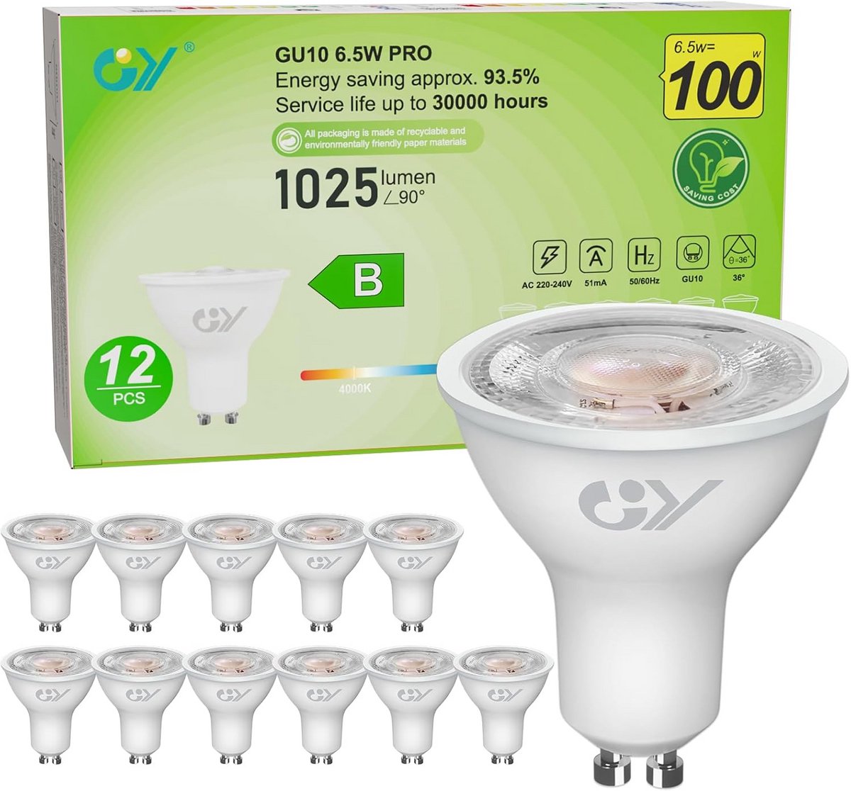 GY GU10 led-spot, klasse B, 1025 lm, neutraal wit, 4000 K, 6,5 W, komt overeen met 100 W, GU10, 36 graden (smalle straling), energie-efficiëntie, niet dimbaar, 12 stuks