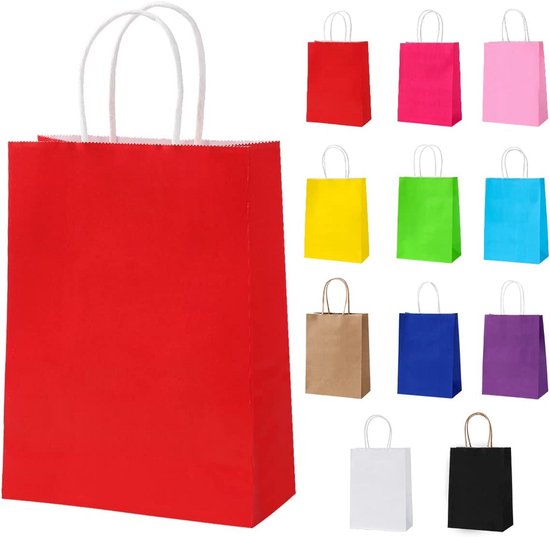 Cootato Gift Bags with Handles, Colourful Kraft Paper Gift Bags for Birthday, Wedding, Baby Shower, Party Accessories and Gifts, 24 Pieces, Red