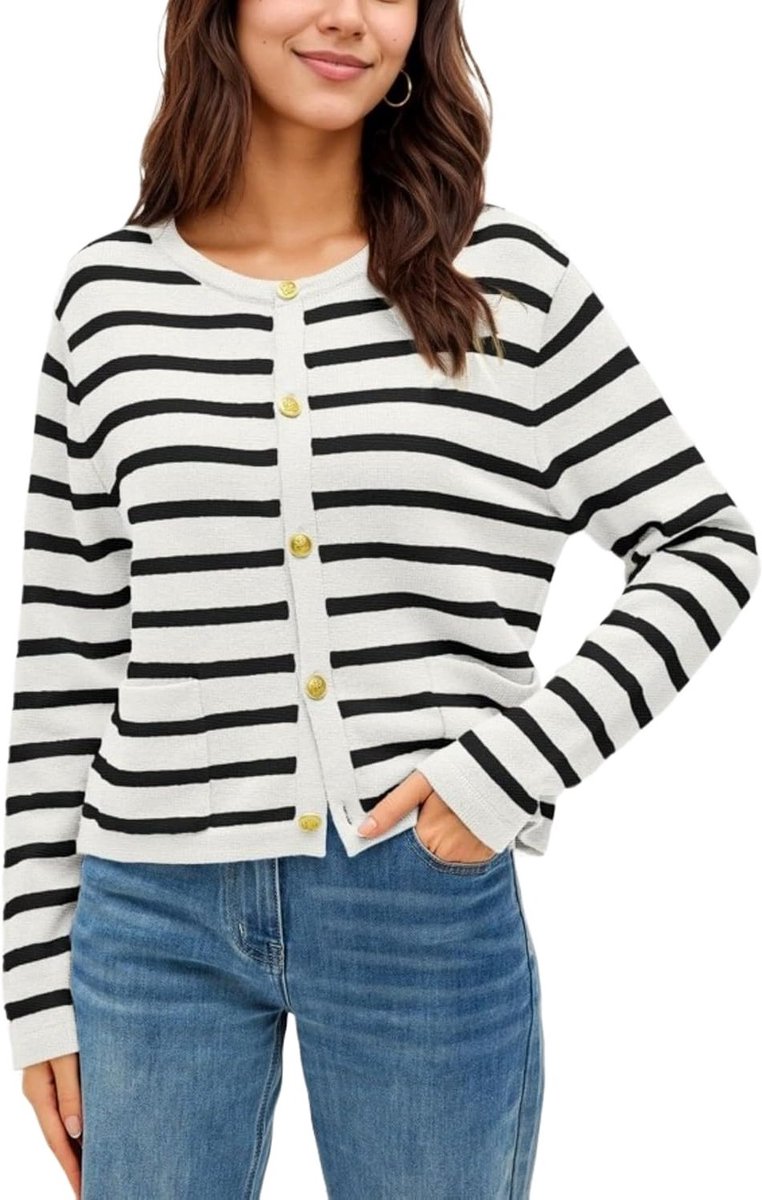 Dames gebreide cardigan met knopen, korte mouwen, 2 zakken en gestreept patroon voor de herfst, casual mode met ronde hals