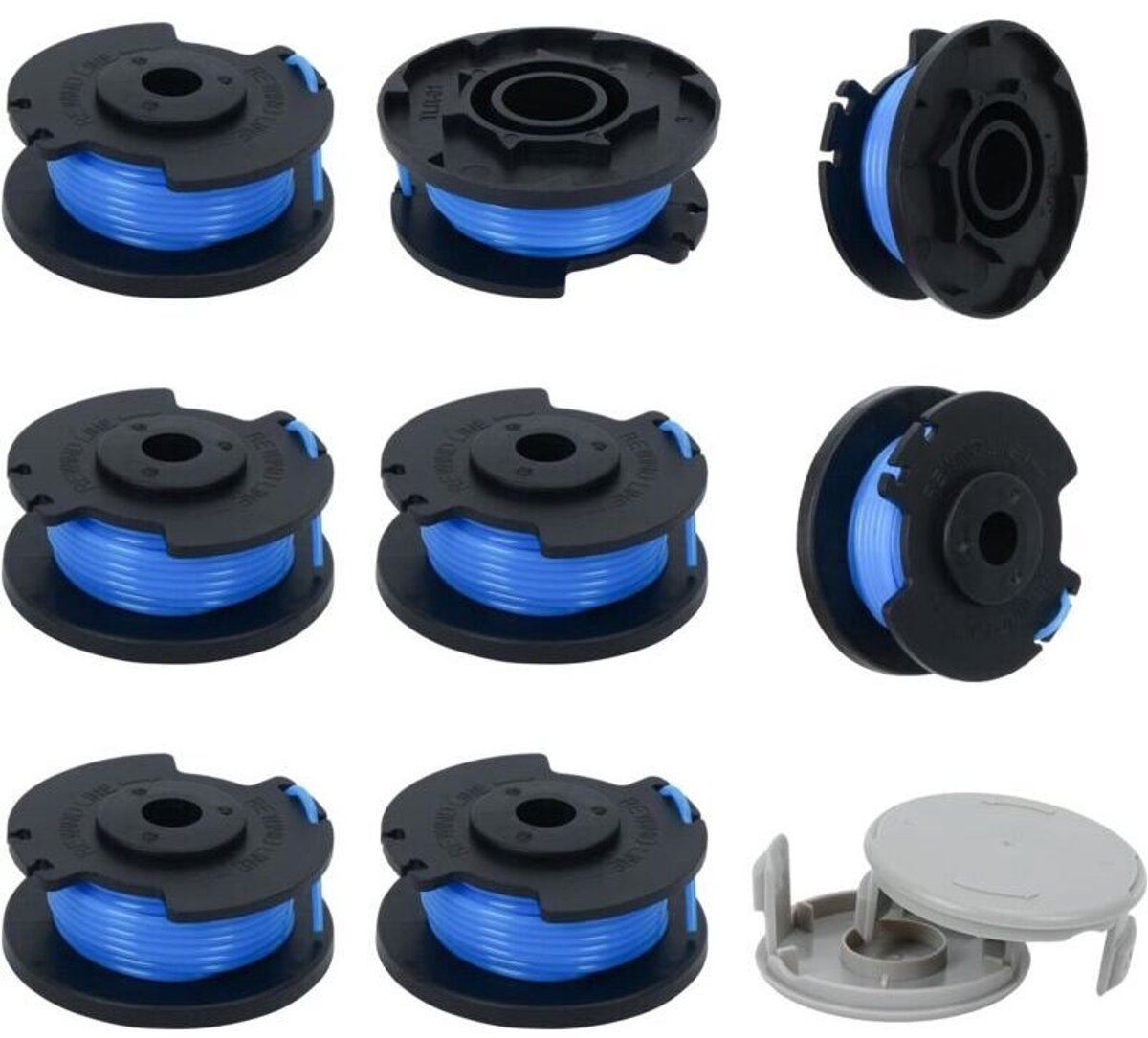 Set van 10 vervangende spoelen geschikt voor Ryobi 1/4-inch trimmers, compatibel geschikt geschikt voor de Ryobi One+ AC14RL3A draadloze trimmer, inclusief 8 spoelen en 2 snijkappen.