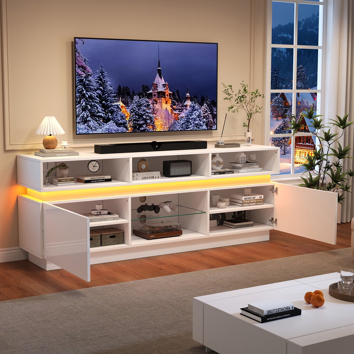 Merax 160x35x60 cm woonkamer tv-meubel - hoogglans lage tafel - woonkamerkast met LED-verlichting - wit