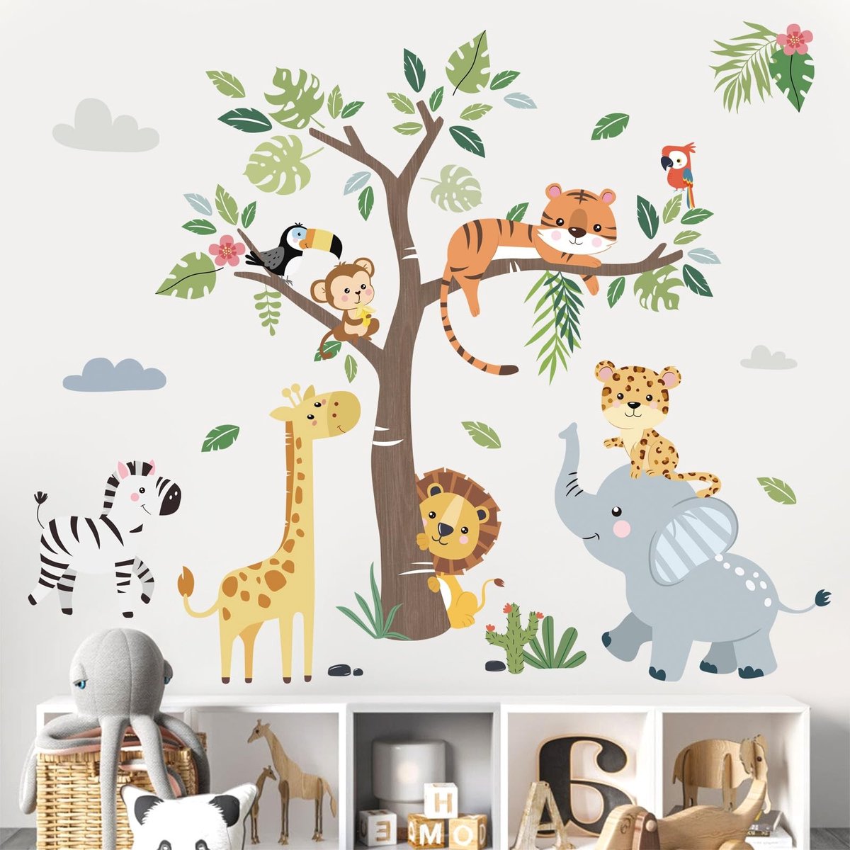 ONF3 - Jungle Dierlijke Muurstickers - Decoratieve Muurtattoo - Multicolor - Olifant Giraf Leeuw - Geschikt voor Kinderkamer