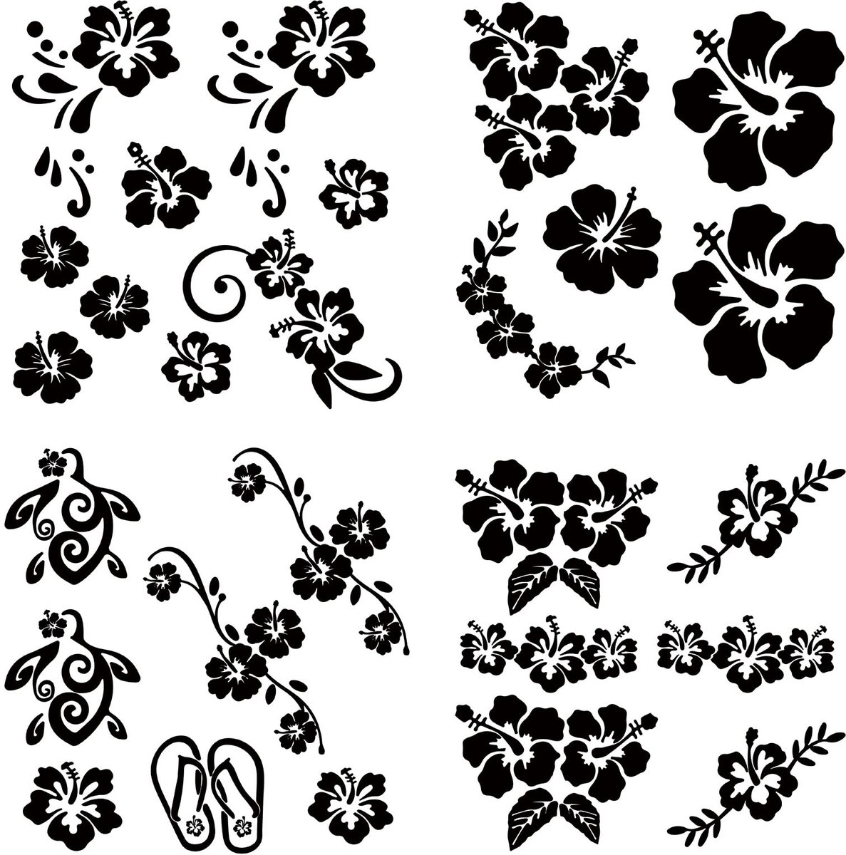 ONF3 - Reflecterende Hibiscus Bloemenstickers - Zelfklevend voor Auto - Decoratie voor SUV en Motorfiets - Zwart - 4 Vellen