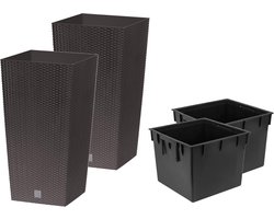 Set van 2 Hoge Vierkante Bloempotten Buiten en Binnen - Donkerbruin Rotan Look