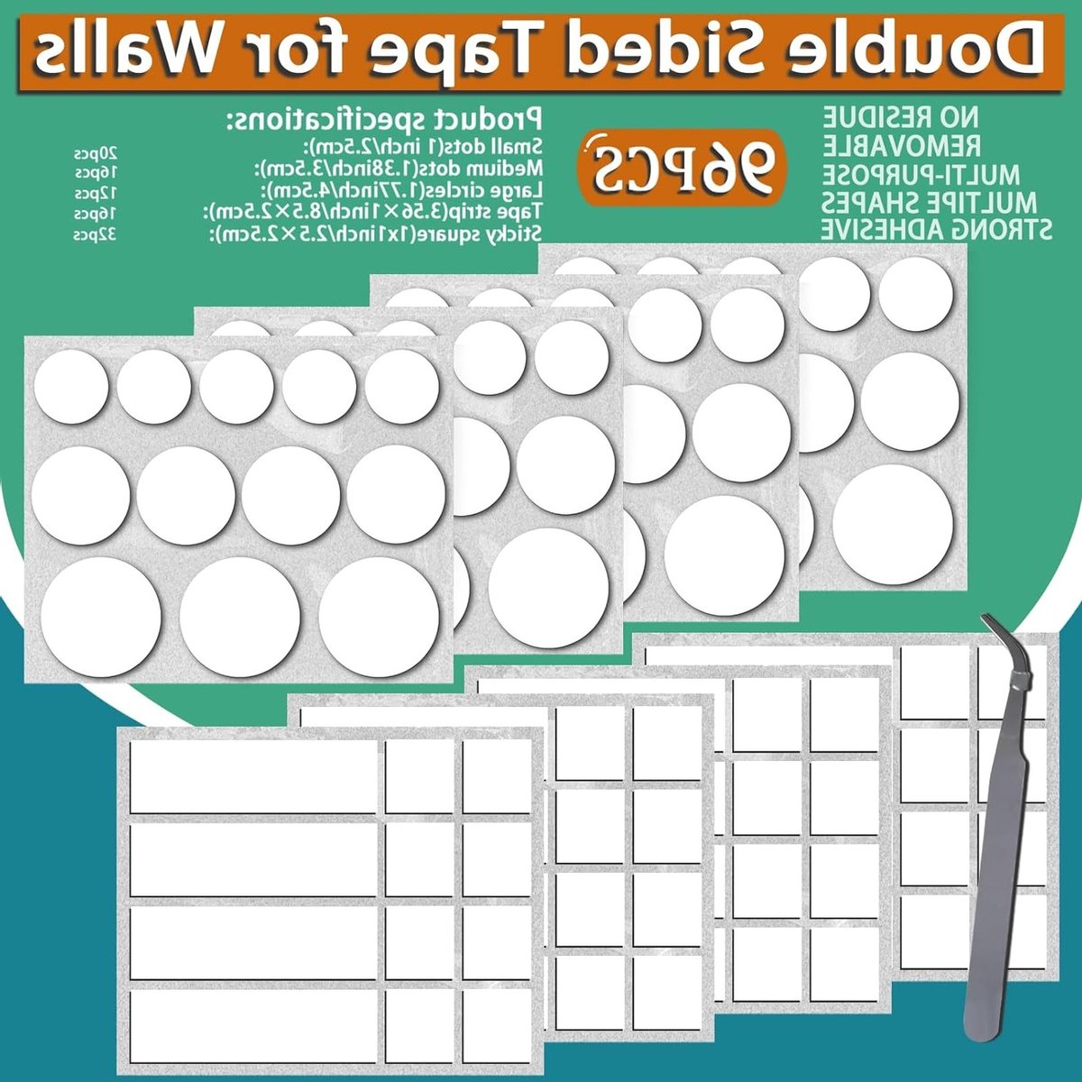 Dubbellaags plakband set met 96 stuks, verwijderbare bevestigingsvierkanten, zelfklevend fotohangband, multifunctioneel voor knutselen en kantoorbenodigdheden