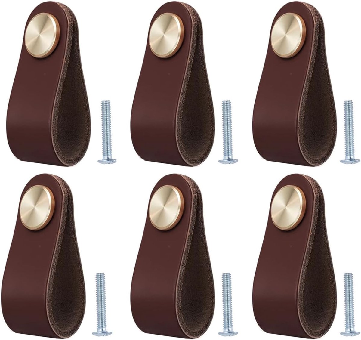 Lederen Handgrepen Set - Meubelknoppen Leer en Messing - 6 Stuks 64x25 mm - Duurzame Ladegreep voor Renovatie - Keuken Kast Slaapkamer - Bruin