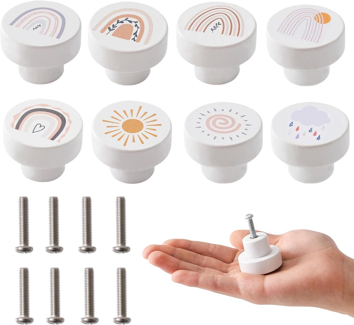 Kastknoppen Hout - 8 stuks ronde meubelknoppen 35 mm - witte handgrepen met regenboog print - voor kinderkamer kasten en laden - compatibel met diverse meubels