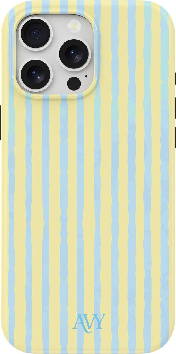 AVY Hoesje geschikt voor Apple iPhone 14 Pro | Lemon Sky | Strepen | Blauw & Geel | Hard Shell Back Cover | Compatibel met MagSafe & Qi2