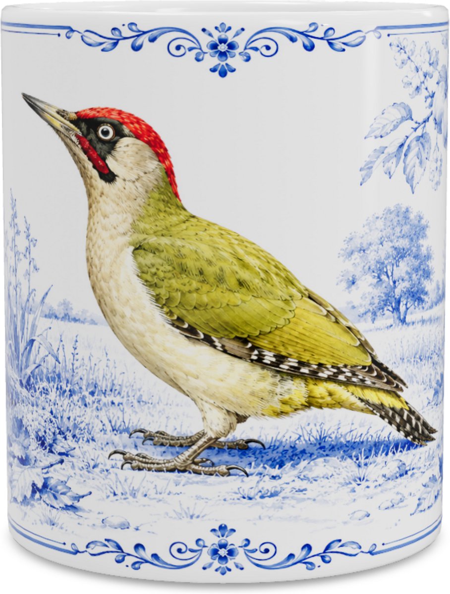 Mok Groene Specht (Picus viridis) - Delfts Blauw Design - Cadeau voor Vogelliefhebber