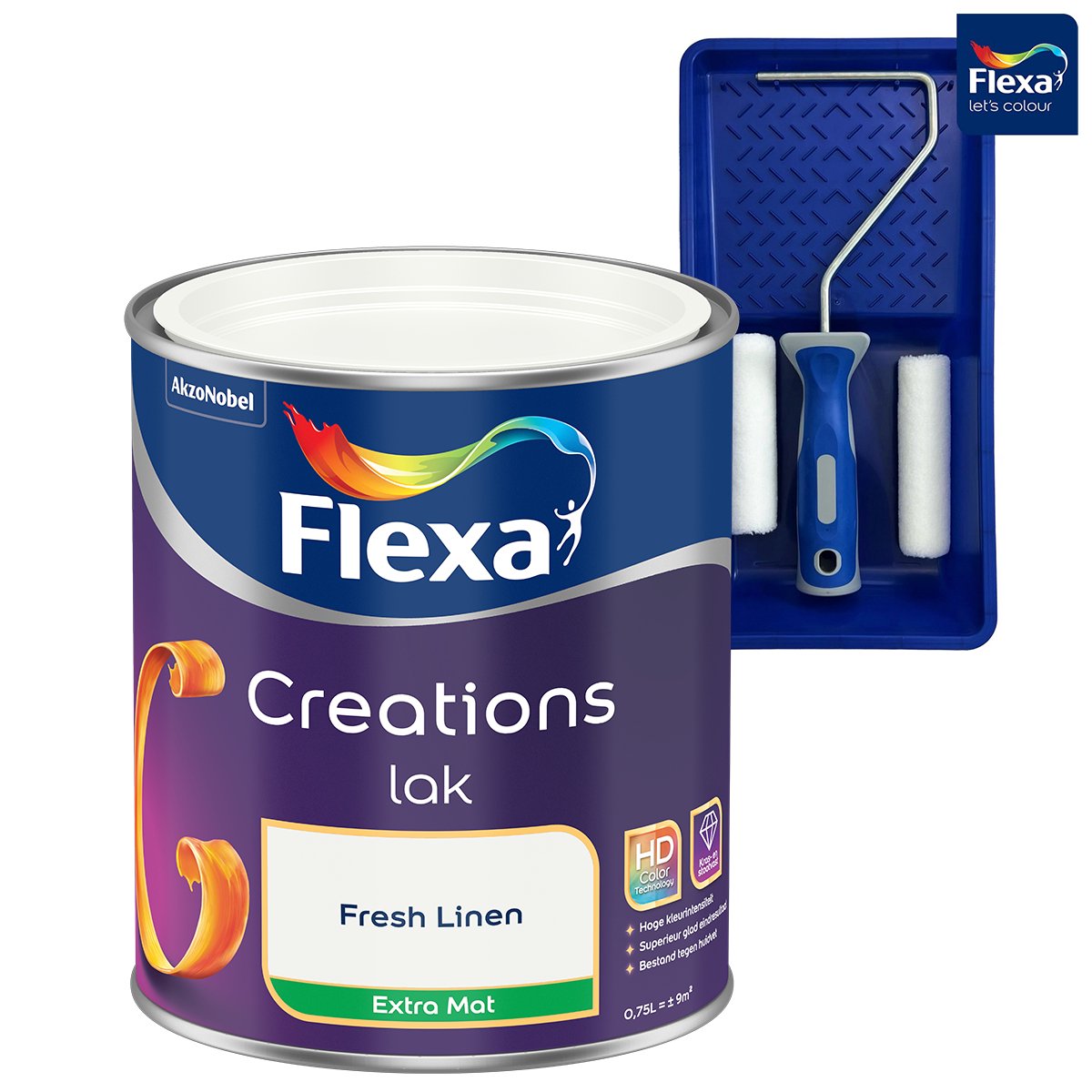 Voordeelpakket Flexa Creations - Lak Extra Mat - Fresh Linen - 750 ML + Lakroller - 4 Delig