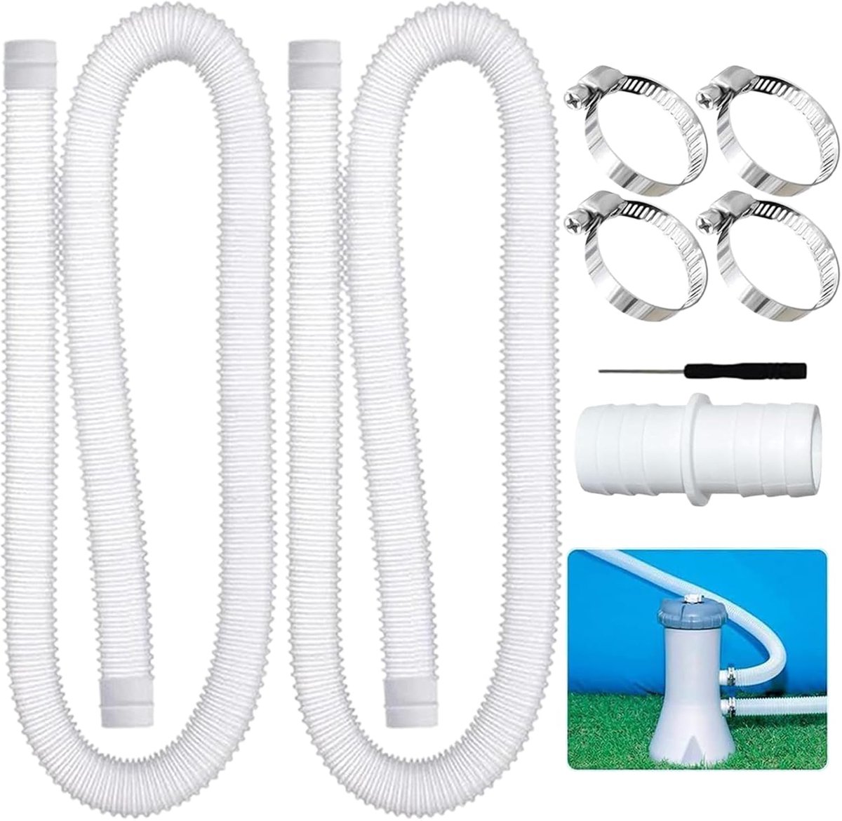 Zwembadslang van 32 mm, twee zwembadpompslangen van 150 cm met één slangkoppeling en vier veiligheidsclips, geschikt voor filterpompen en zwembaden - wit.