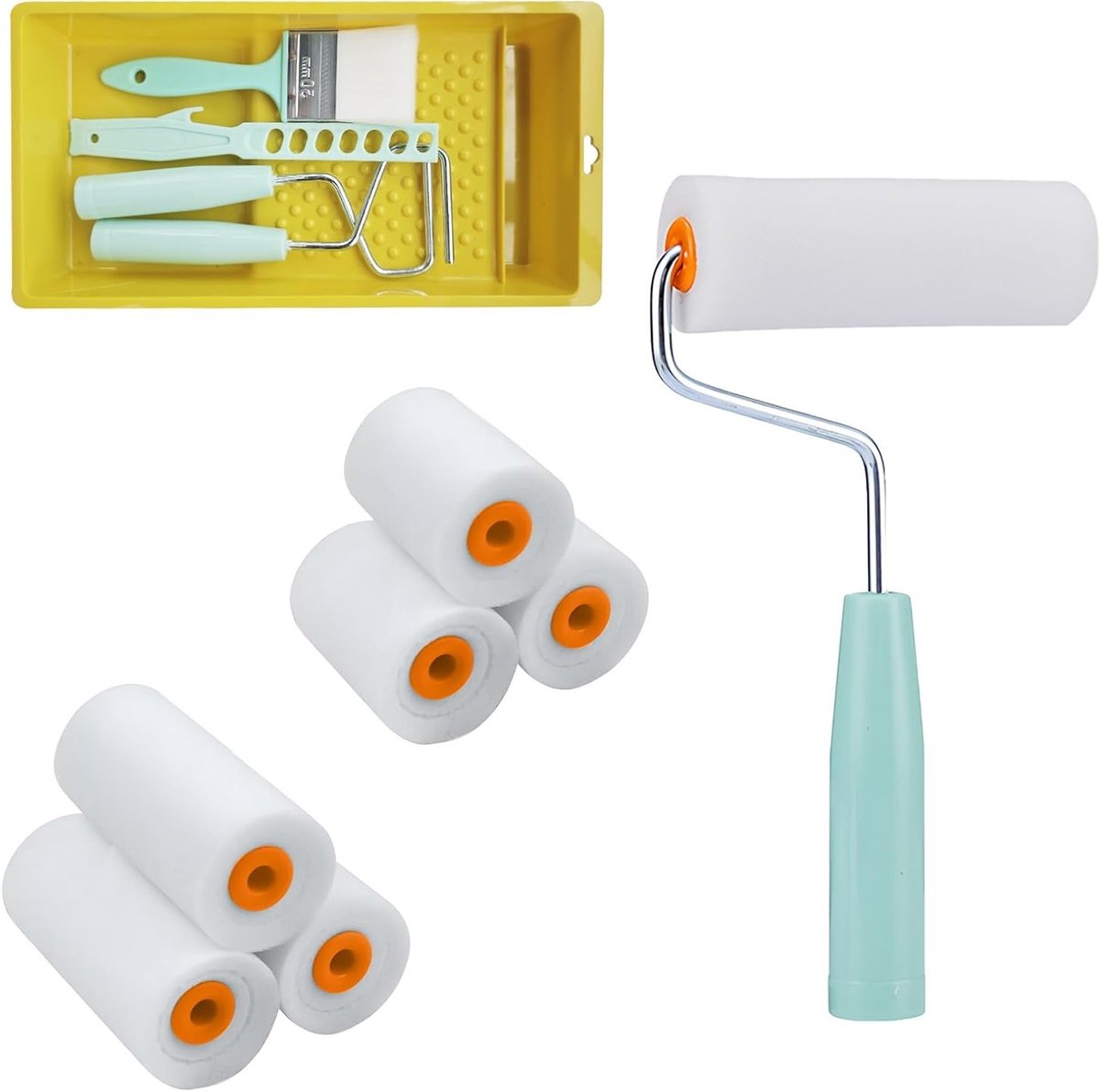Complete Verfroller Set met Schuimrollen, Antislip Handvat, Kwast en Roerstaaf voor Muurdecoratie en Plafondrenovatie
