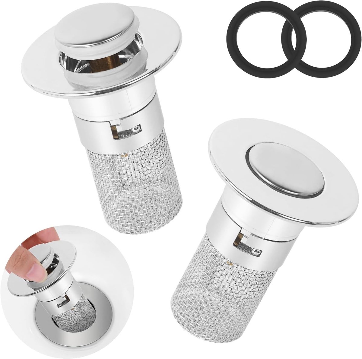 2 Stuks Universele Pop-Up Stopper voor Wastafel en Bidet met Haarfilter en Anti-Verstoppingsfunctie voor Keuken en Badkamer