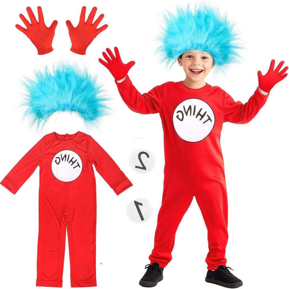 Thing 1 en Thing 2 Kostuum voor Kinderen - Jumpsuit en Perucas voor Wereld Boek Dag 2025 - Fantasie Outfit Ideeën voor Jongens en Meisjes