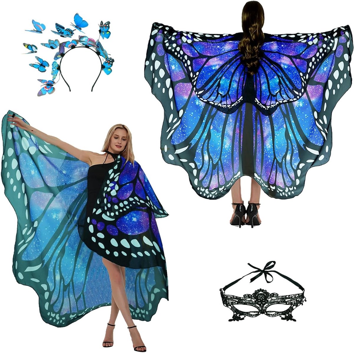 Vrouwelijk Vlinder Kostuum met Twee-laagse Vleugels en Accessoires voor Carnaval - Inclusief Hoofdband en Gezichtsmasker voor Feestjes en Thema Events