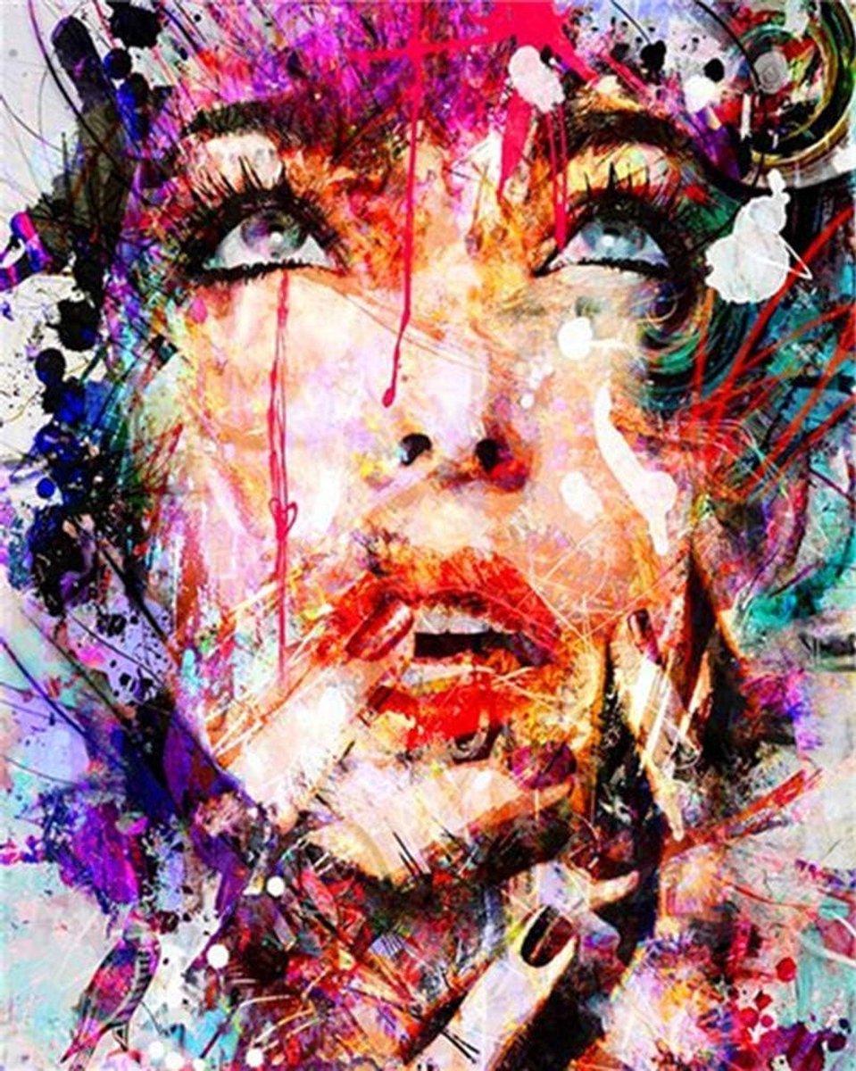 Abstracte Schilderij Kit voor Volwassenen - Schilderen op Nummer met Kleurvolle Vrouw Gezicht op Linnen Canvas - Creatieve DIY Wanddecoratie en Cadeau voor Beginners 16 x 20 Inch