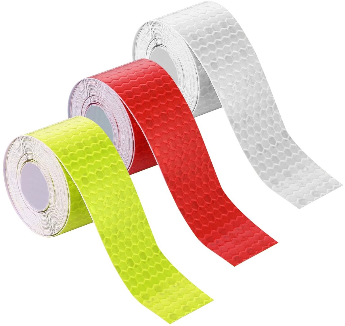 Set van 3 Reflecterende Plakbanden, 2 cm x 3 m, Rood, Geel, Wit, Waterdicht voor Voertuigen, Helmen en Kleding