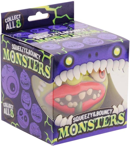 Verpakking van 'Squeeze & Bouncy Monsters', paars met monstergezicht en witte tanden.