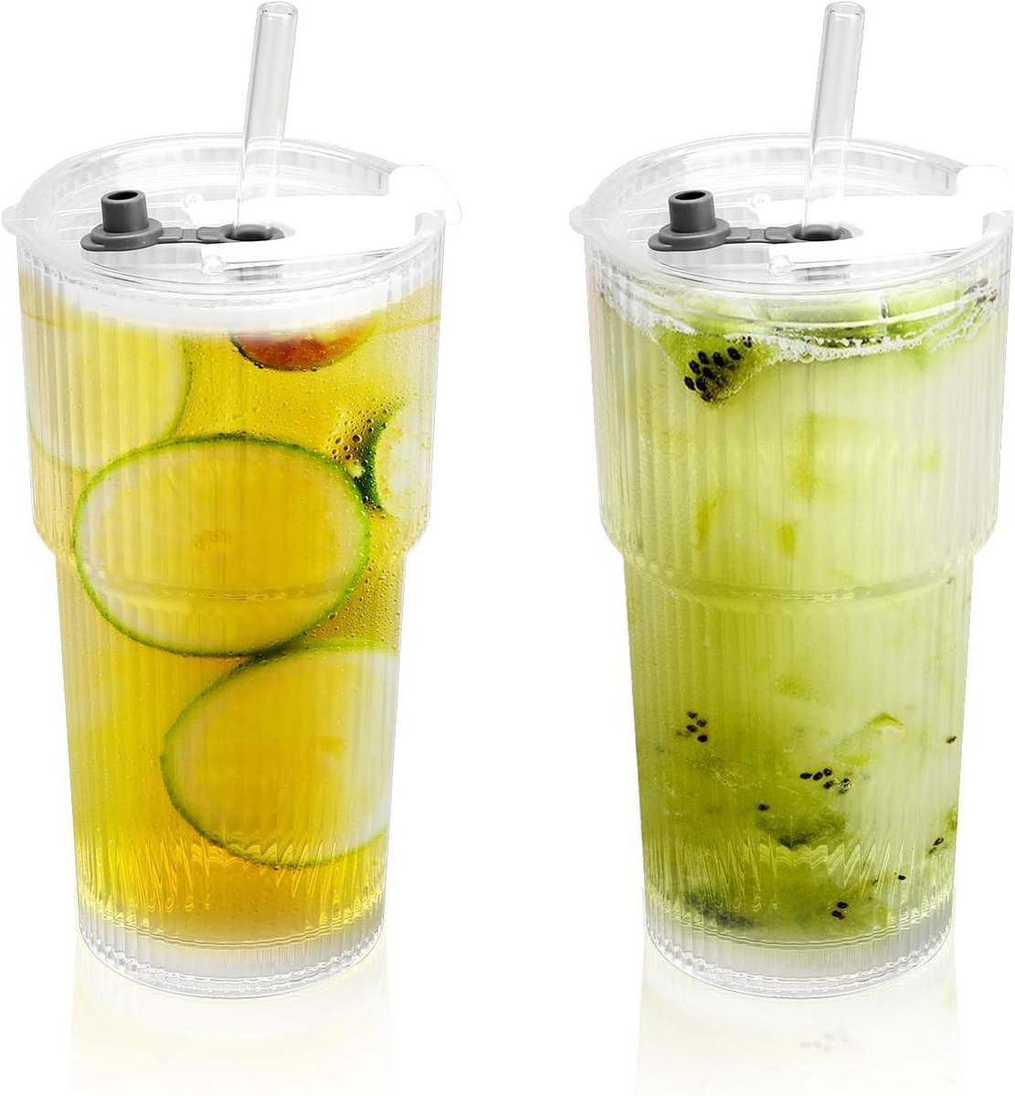 Glazen drinkbekers met deksel en rietje - 600 ml, ideaal voor smoothies, ijskoffie en dranken, set van 2 stuks