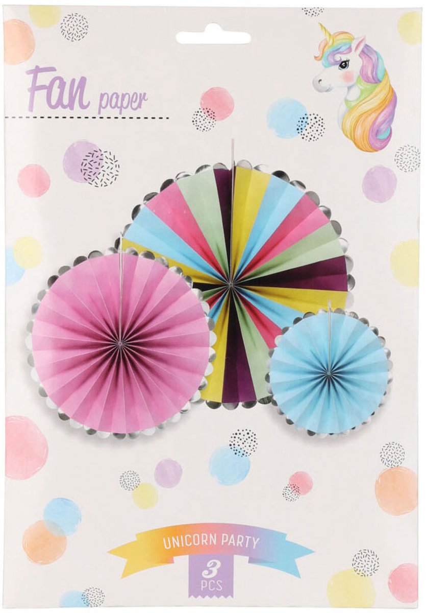 Papier waaier decoratie set van 3 multi kleuren zilveren rand.