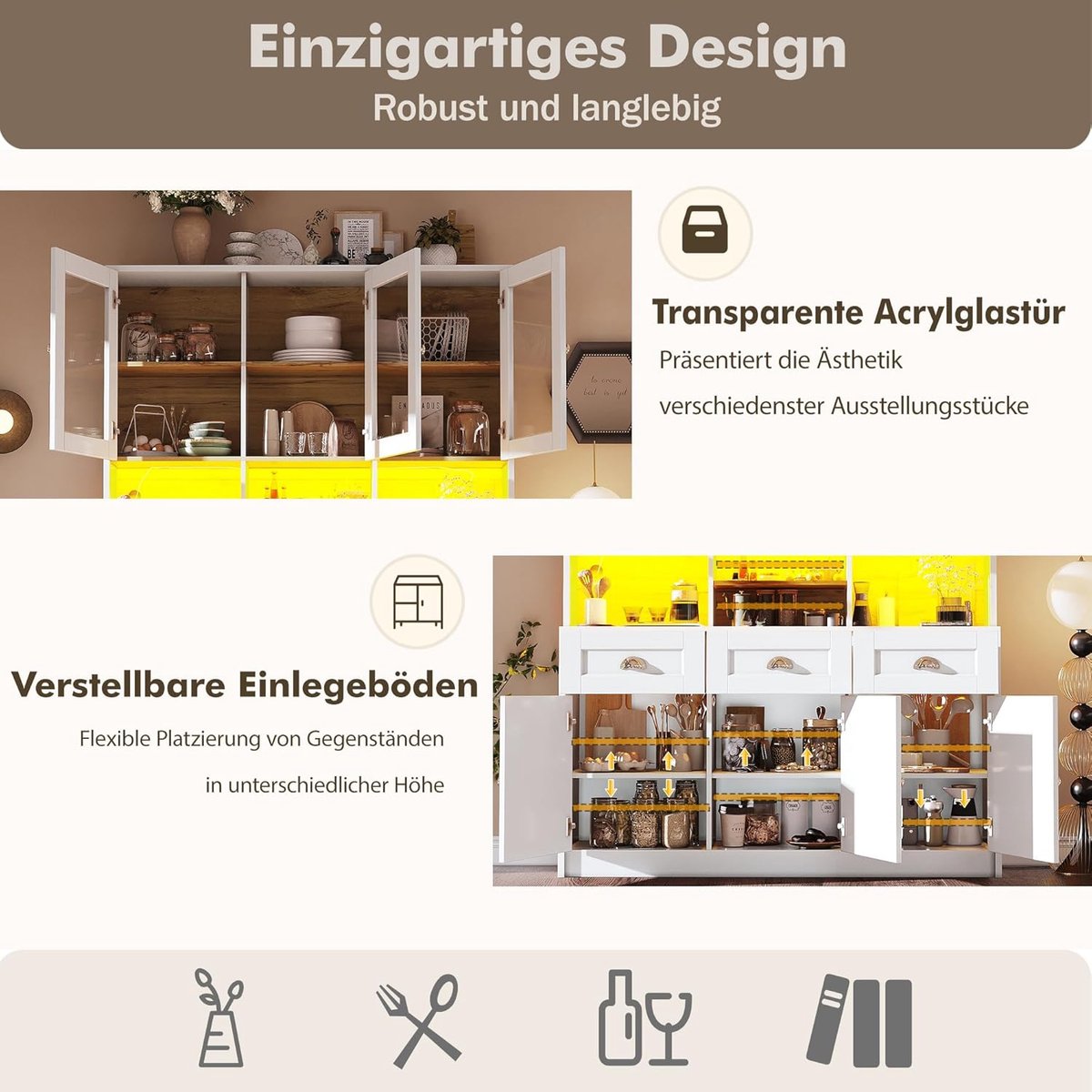 AureaLux LED Vitrinekast XXL met Verstelbare Planken & Smart App Verlichting – Buffetkast / Dressoir / Keukenkast met 3 Laden & 6 Deuren 140 x 40 x 175 cm Wit