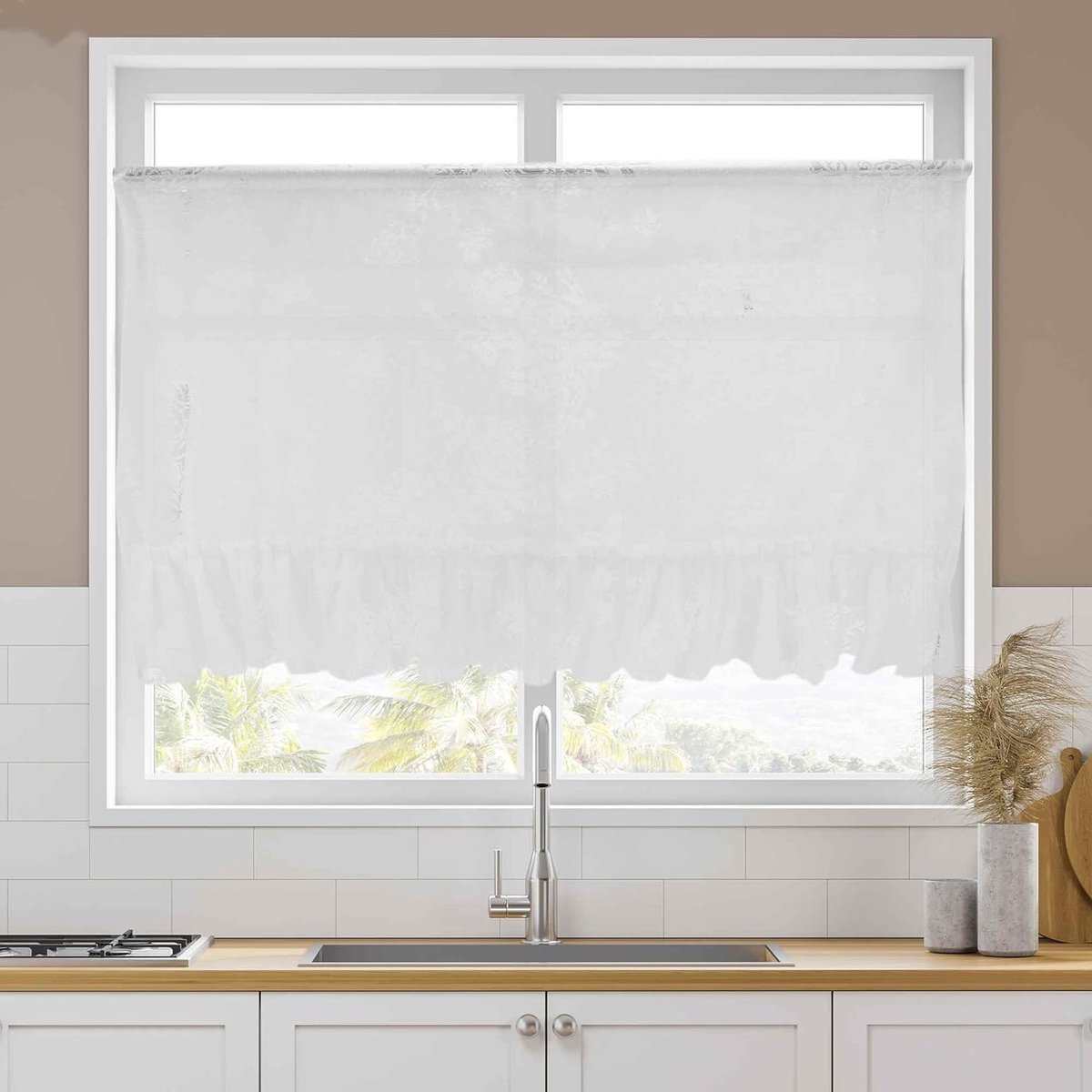 Lace Ruffle Gordijnen met Vlinders en Bloemen voor Badkamer - Lichtdoorlatende Korte Gordijnen 63x100cm