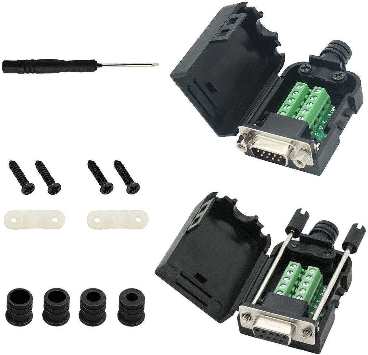 2 Stuks DB9 D-SUB Connector 9-Pin Male en Female Adapter met PCB Board voor DIY Projecten, Inclusief Schroevendraaier en Draadbescherming