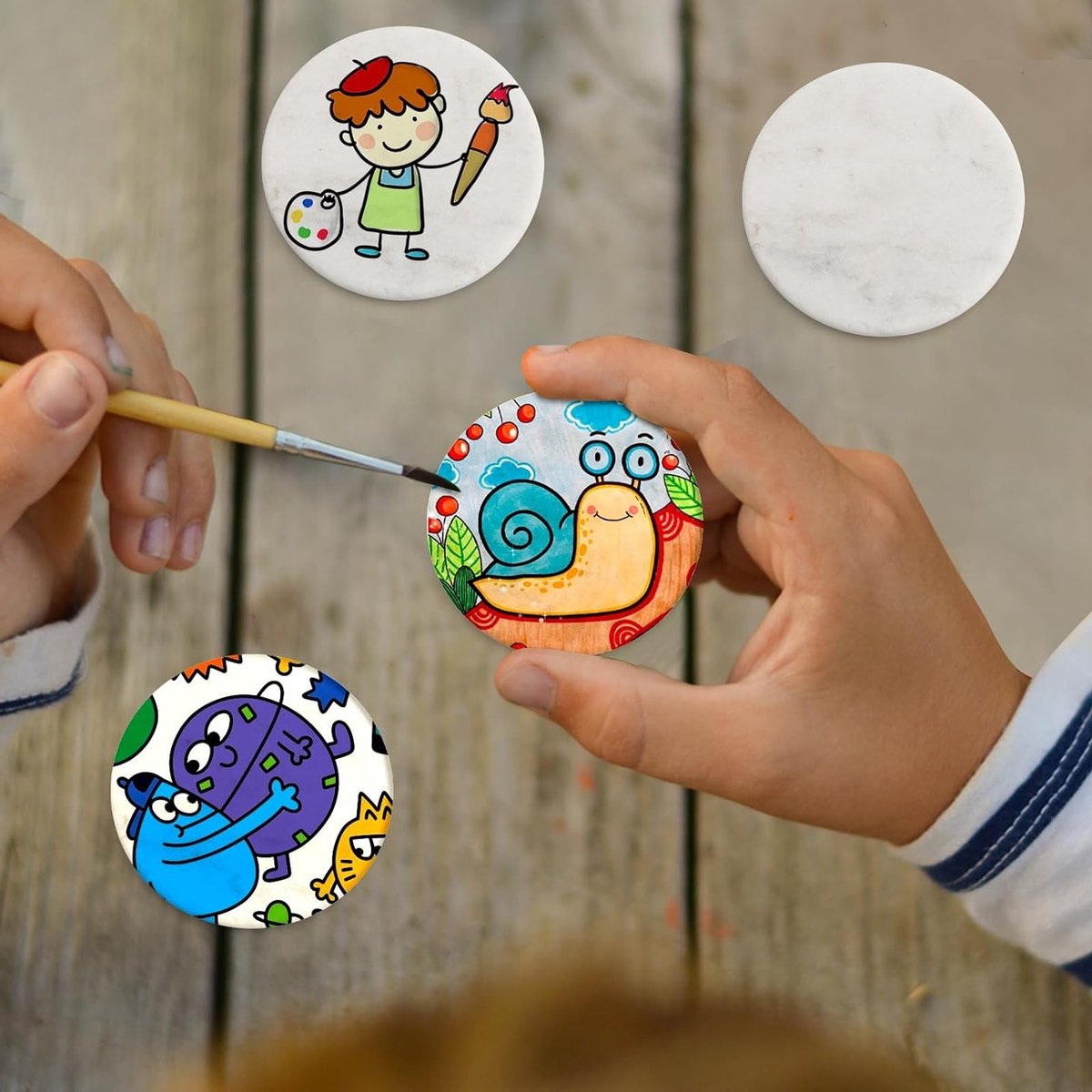 12 Stuks Platte Verfstenen voor Schilderen, Wit, Rond, Diameter 6.3 cm - Creatief Hobbymateriaal voor Kinderen en Volwassenen — cadeau in Hobby - foto 2
