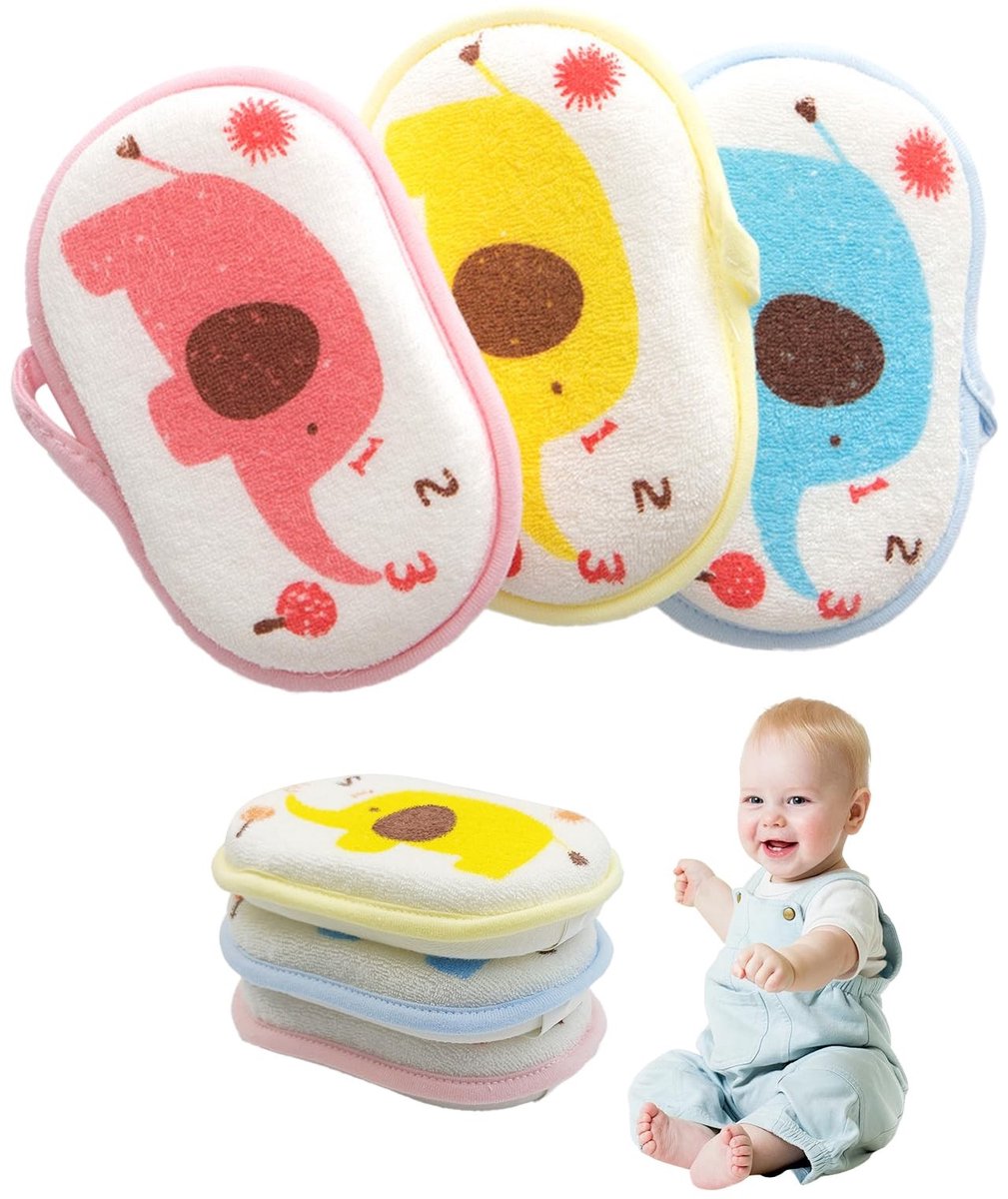 Allecto - Baby Bad Sponsen - 3 Delen met Schattige Olifant Motieven - Zacht en Veilig voor Baby's - Ideaal voor Babyverzorging - Perfect voor Badpl...