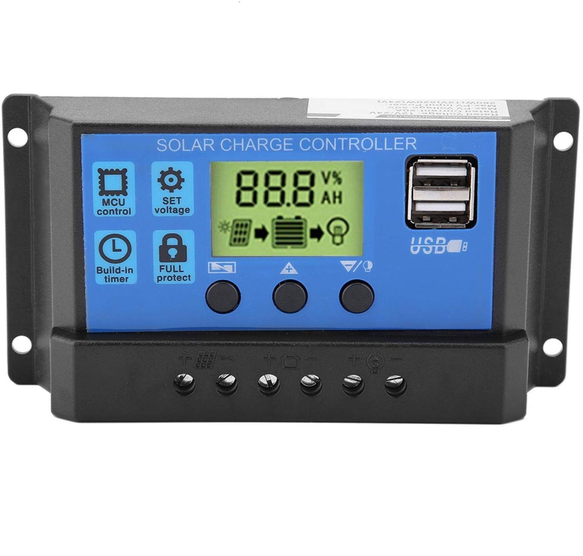 Allecto - Zonnepaneel Laadcontroller - PWM 12V/24V systeem - Met LCD scherm en USB oplaadfunctie - Voor efficiënt opladen - Geschikt voor zonnepane...