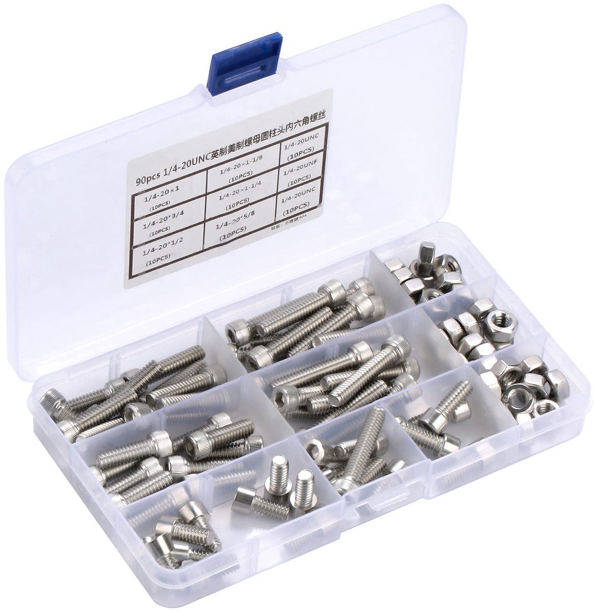 aladdien - Zeskantschroeven Set - Roestvrij Staal - 90 Stuks - Ideaal voor Metalen - Transparante Opbergkoffer - 6.35 mm