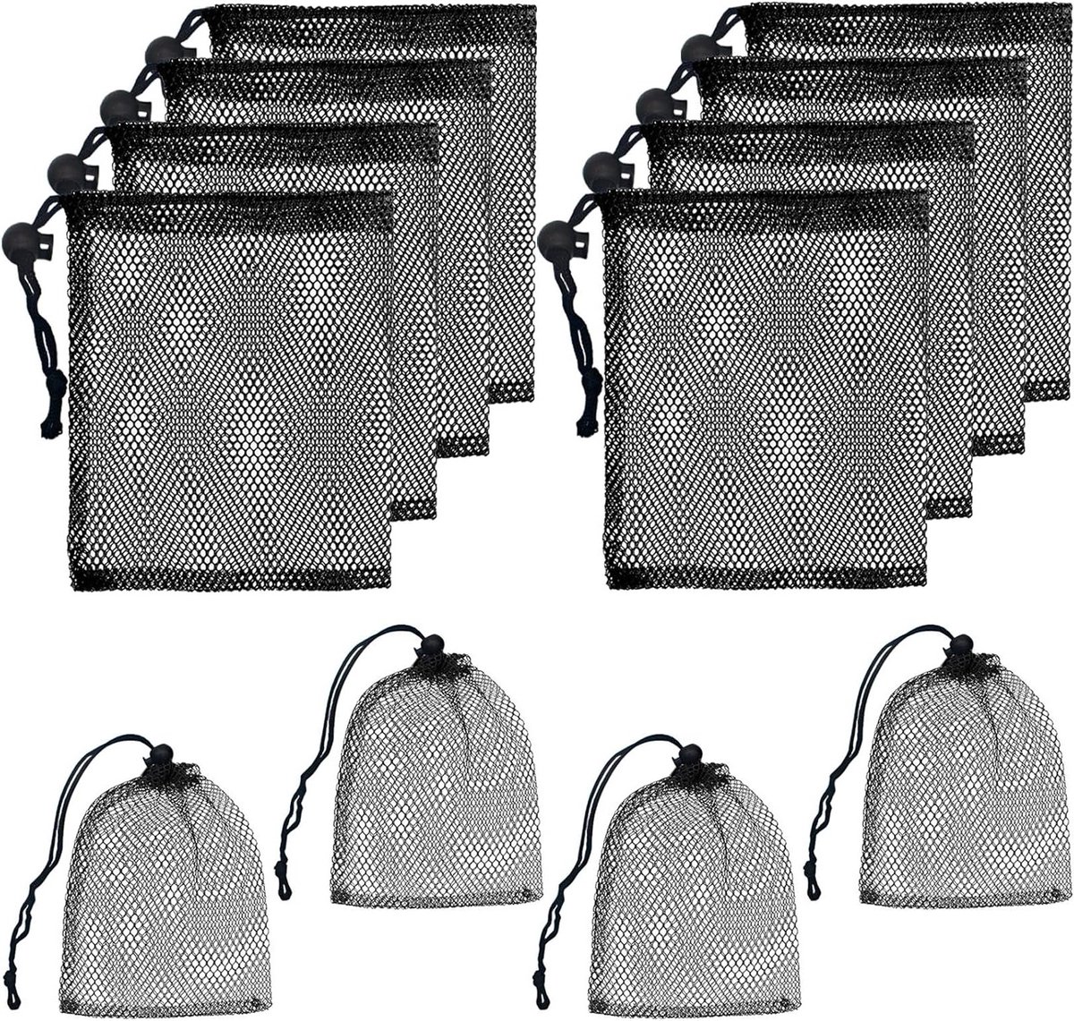 Kleine zwarte mesh tas met trekkoord - 12 stuks, 15x20 cm, duurzaam en ideaal voor reizen, strand en cosmetica