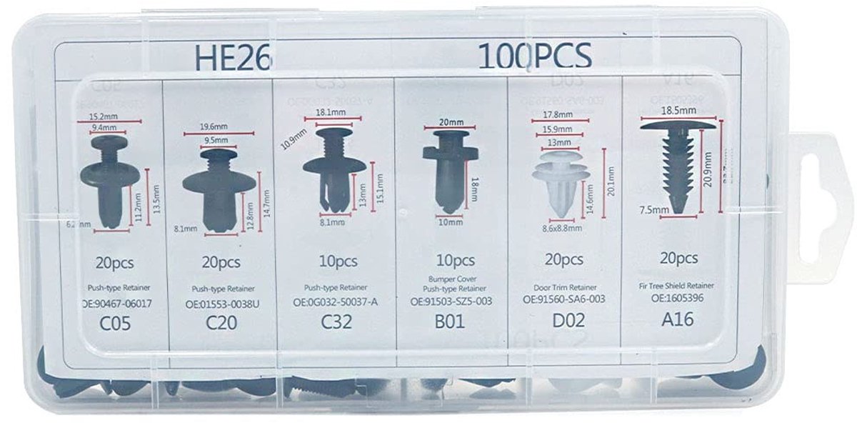 Allecto - Push Type Retainer Clips - 100 Stuks - Geschikt voor Auto Bumpers en Interieur - Inclusief Opslag Case - Vervangingsclips voor Auto's