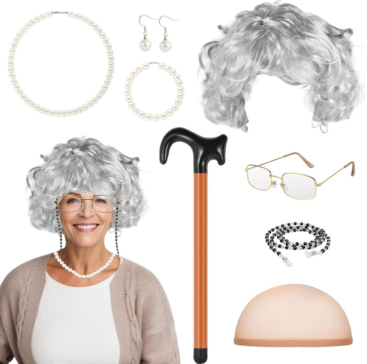 Oudere Dame Kostuum met Perücke, Oorbellen, Ketting en Armband voor Halloween, Carnaval en Cosplay - 7 Delen Set