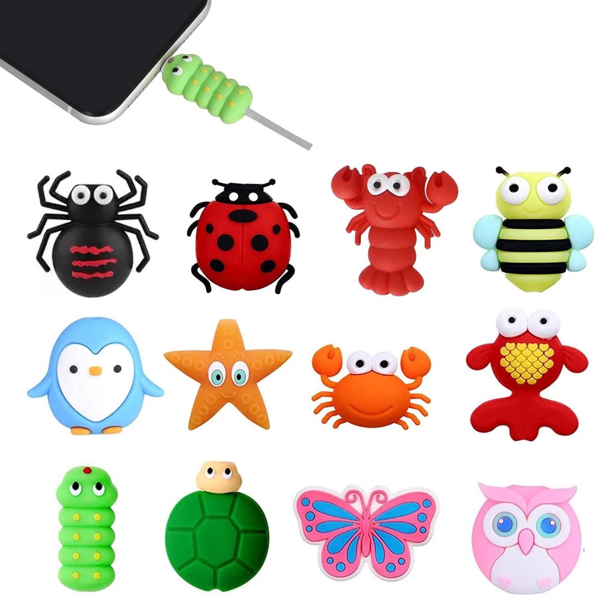Set van 12 Kabelbeschermers met Cartoon Dieren - Bescherming tegen Bijten voor USB Oplaadkabels en Dierenkabels