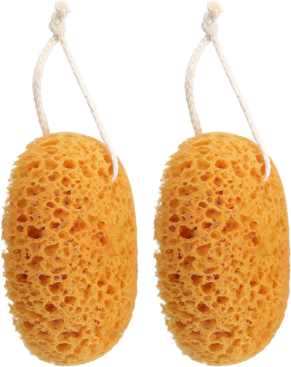 Natuurlijke badspons met koord, 2 stuks honingraatspons voor peeling, lichaamsverzorging en gevoelige huid, ideaal voor douche-accessoires