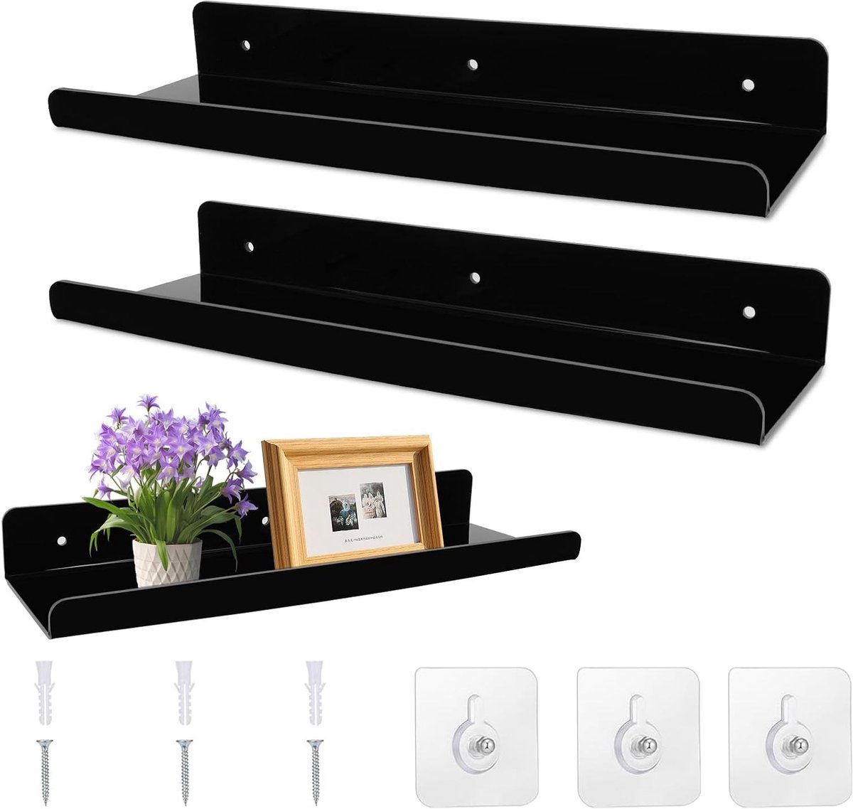 Set van 2 Wandplanken voor Badkamer zonder Boren, 30cm, Acryl Drijvende Planken, Zelfklevende Wandplanken voor Woonkamer, Slaapkamer, Keuken en Decoratie