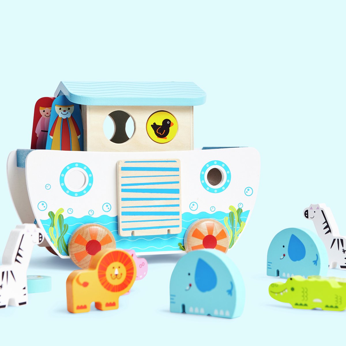 Hape Trekspeelgoed Ark van Noah - Houten trekfiguur met 16 speelfiguren, vanaf 12 maanden