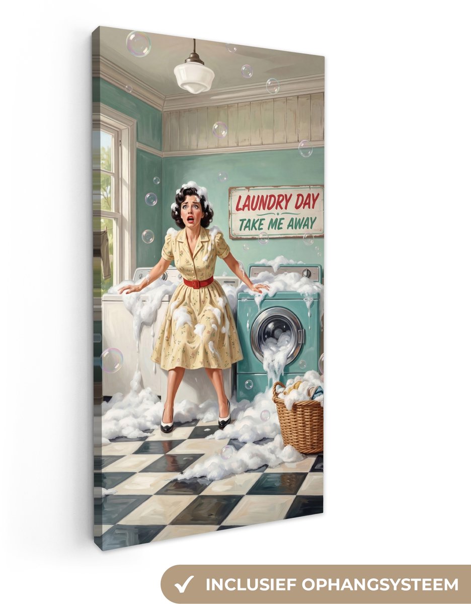 Canvas schilderij 80x160 cm - Exclusieve wanddecoratie Retro - Blauw - Vrouw - Muurdecoratie woonkamer - Slaapkamer decoratie - Kamer accessoires - Schilderijen op canvas