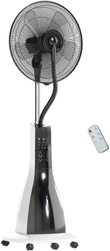 Staande ventilator met verneveling 3L watertank, 3 snelheden, timer, 75° draaibaar, luchtbevochtiger, zwart