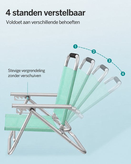Delightness Strandstoel - Opvouwbaar - 4 Standen Verstelbaar - Strand - Buiten - Laag Zitje - Relaxstoeltje - 57x59x71cm - Groen — afbeelding 5