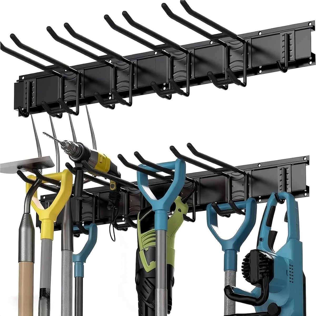 Houder voor Tuingereedschap met 6 Haken, Stevige Wandbevestiging voor Scheppen, Harken en Meer, Perfect voor Garage, Tuin en Kelder