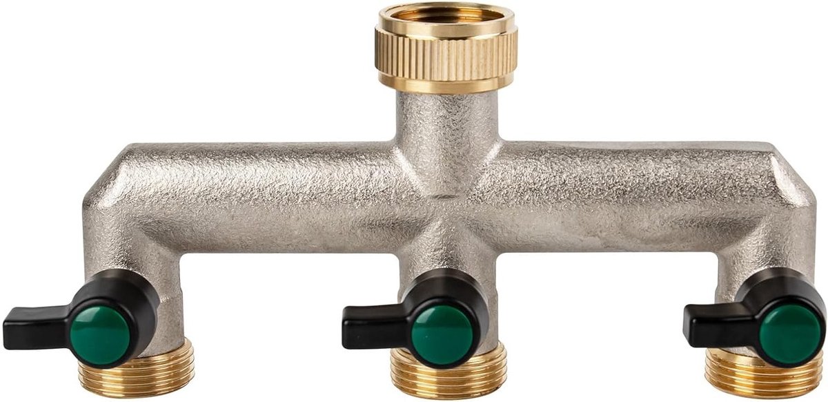 3-Weg Messing Tuinslang Splitter met 3 Individuele Ventielen voor Tuin en Keuken, 3/4 Inch Aansluiting