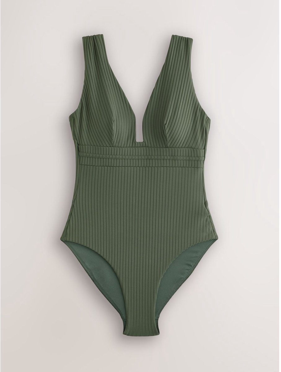 Next Dames - Buikcorrigerend badpak met lage hals - Tall - Groen Khaki Green Rib