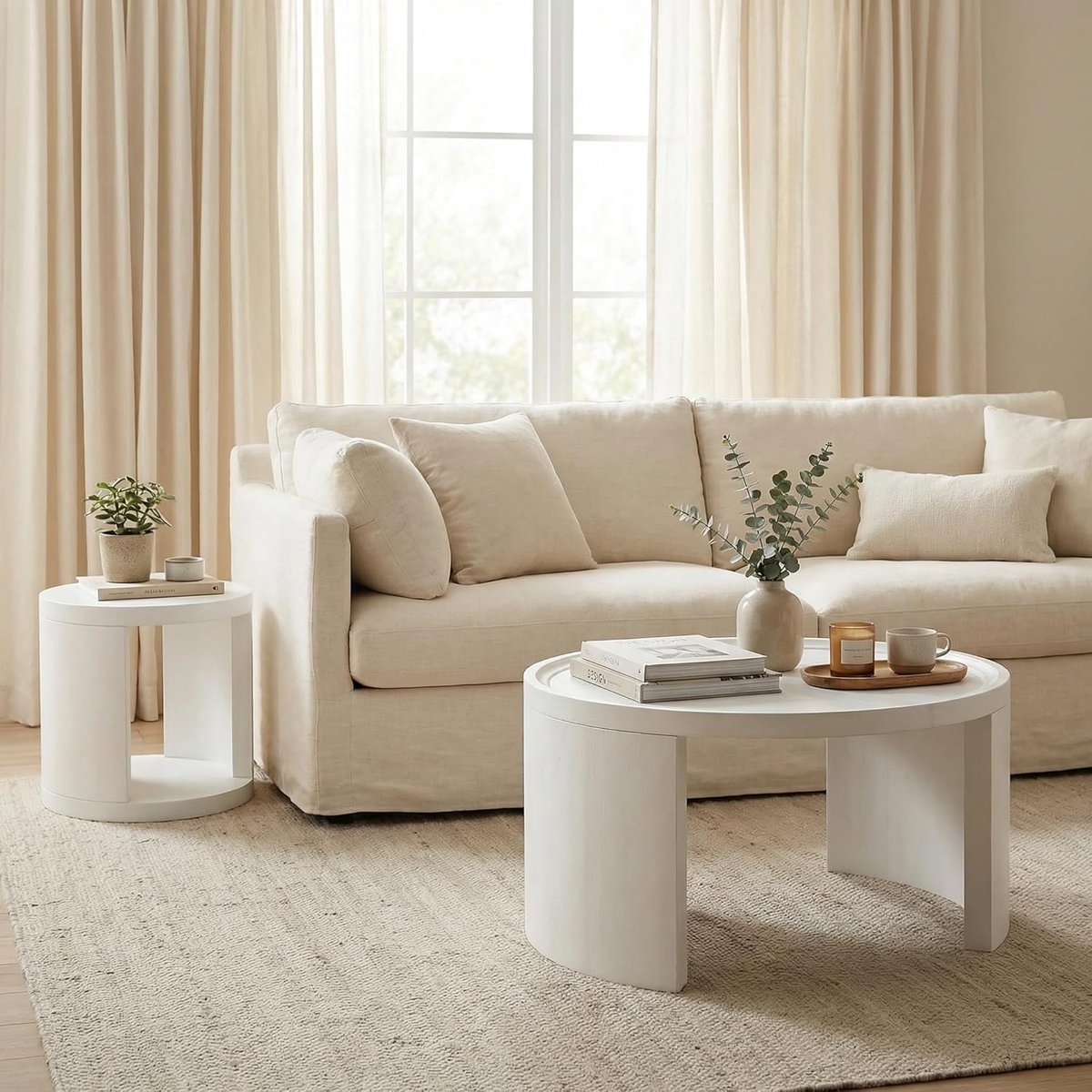 Ronde Salontafel Set van 2 met Opbergruimte Ø80 x 44 cm + Ø46 x 38 cm - Moderne Witte MDF Houtlook Woonkamer Tafels, Nesting Bijzettafel Set, Ruimtebesparend Design - Faisal