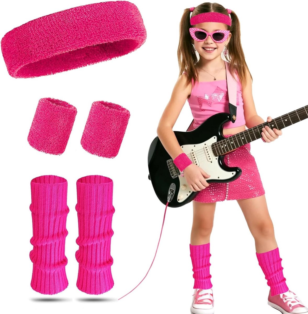 80s Neon Kostuumset voor Kinderen - 4 Delige Outfit met Fitness Accessoires, Armbanden en Hoofdbanden voor Themafeesten en Danspartijen