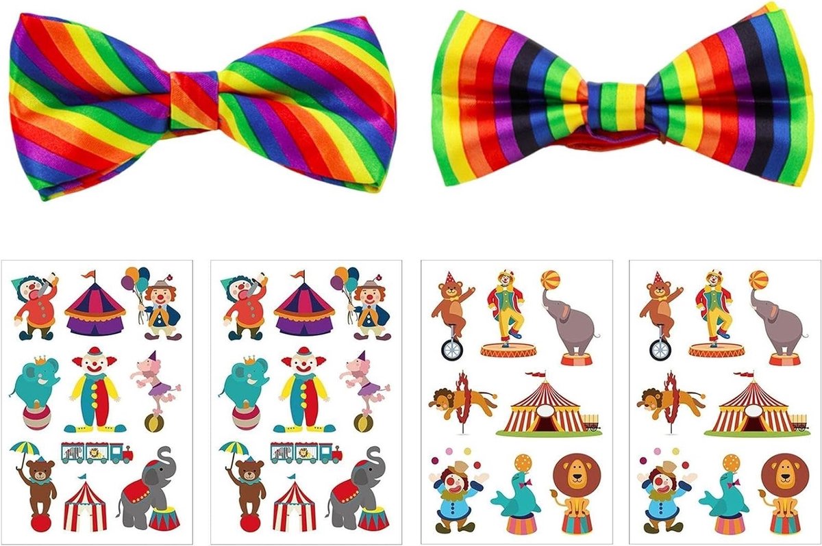 Clown accessoires voor feestjes: 2 clown strikken en 4 clown tattoos voor kostuum en rollenspel