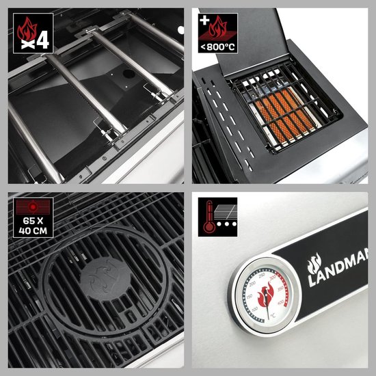 Landmann Triton MaxX PTS 4.1 Barbecue - Gas - Gietijzeren Roosters - Zilver - 4 Pits - Gas BBQ - Gasbarbecue