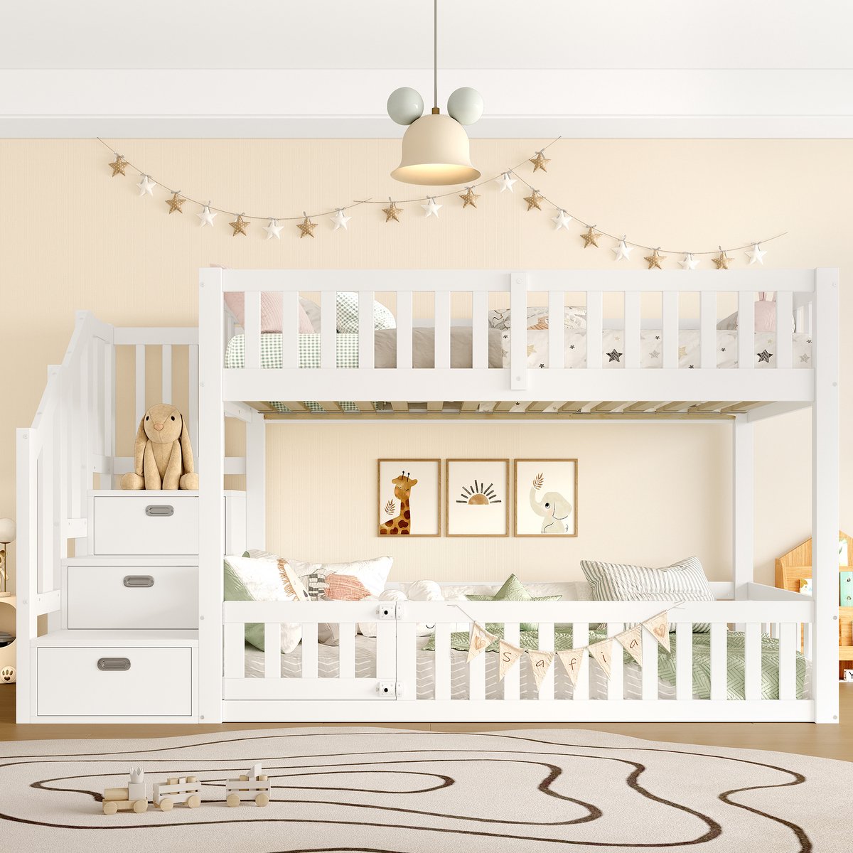 Zubaliya Stapelbed - 90x200 cm Wit - Met opbergladder en laag model - Grenenhout en MDF constructie